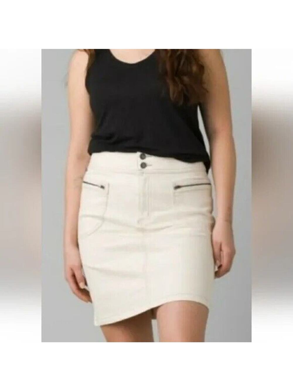 NWT prAna Broadway Cotton Mid Thigh Jean Skirt Zipper Patch Pockets 4 Cream